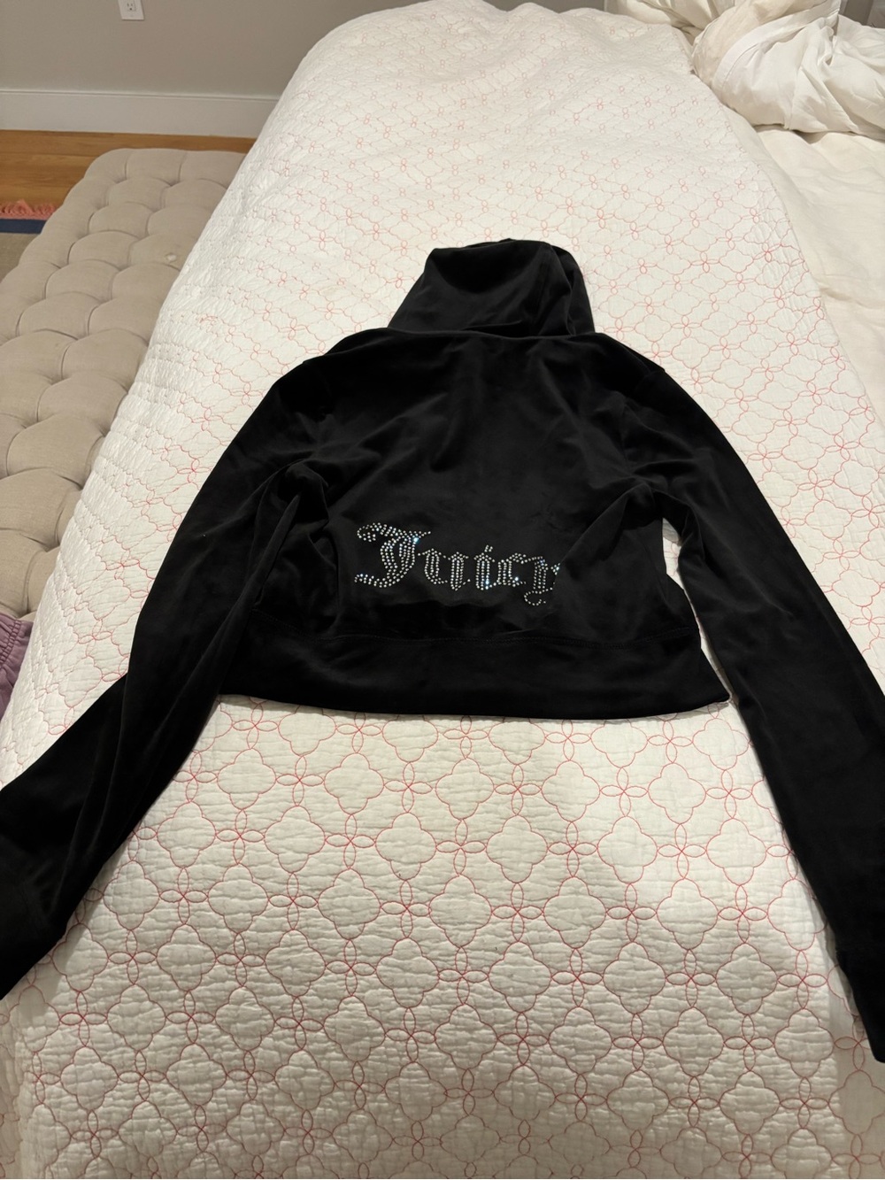 Juicy Couture Black Velour Cropped track suit with Rhinestone Logo